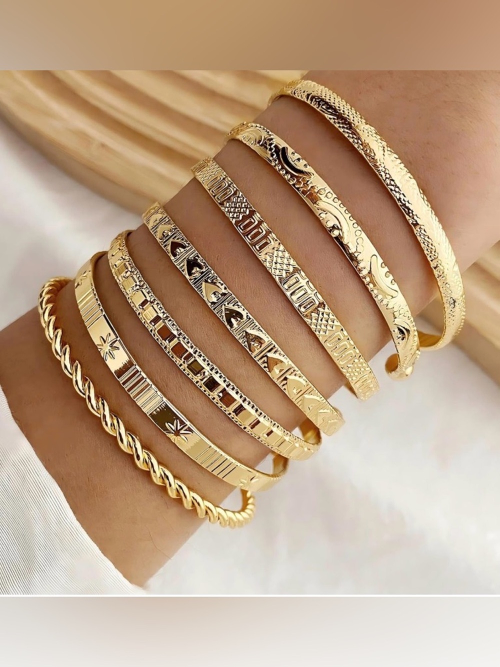 NWT~7pc 14K Gold Plated Bangle Cuff Stackable, Adjustable Bracelet Set